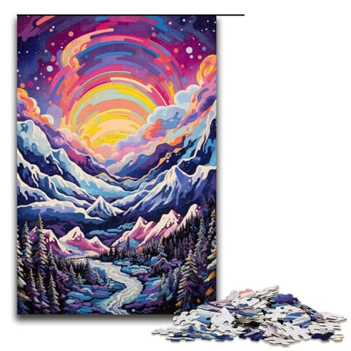 1000-teiliges Puzzle „Berg mit bunten Sternen“, Holzpuzzle, Heimdekoration (Größe 50 x 75 cm) von LLONGKT