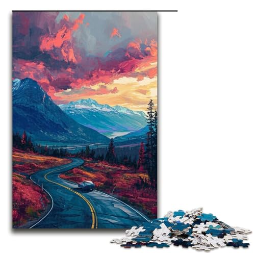 1000-teiliges Puzzle „Bunte Autobahn mit Berg“ für Erwachsene, Holzpuzzle, tolles Geschenk für Erwachsene (Größe 50 x 75 cm) von LLONGKT