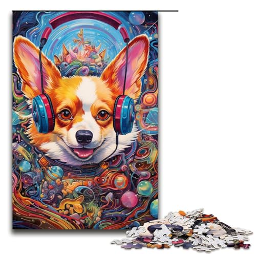 1000-teiliges Puzzle „Corgi-Kopfhörer“ für Erwachsene, Holzpuzzle, anspruchsvolles Spiel, Größe 50 x 75 cm von LLONGKT