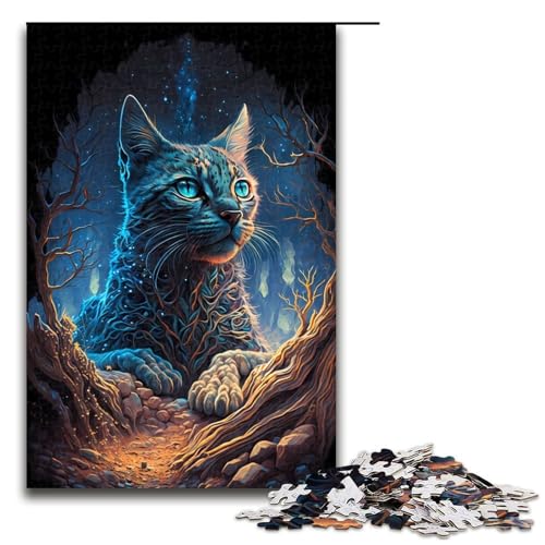1000-teiliges Puzzle „Mystische Savannenkatze“ für Teenager, Holzpuzzle, Lernspiele für Erwachsene, Größe 50 x 75 cm von LLONGKT