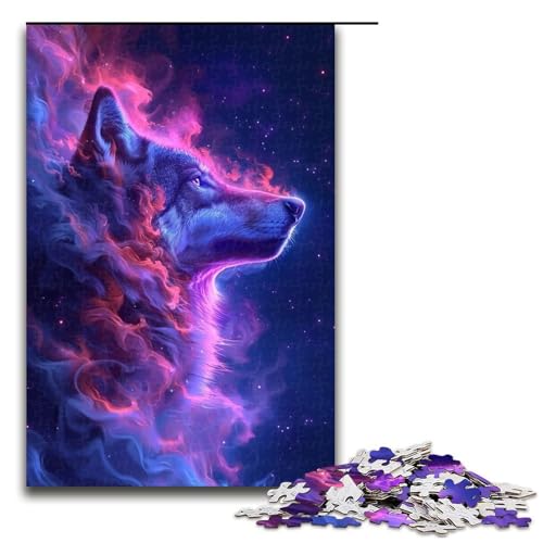 1000-teiliges Puzzle „Wolf im Mond“, Holzpuzzle, Lernspielzeug, Größe 50 x 75 cm von LLONGKT