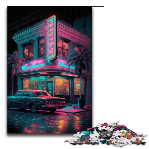 1000-teiliges Puzzle für Erwachsene, Auto vor der Bar, Puzzle für Erwachsene, Holzpuzzle, Lernspielzeug (Größe 50 x 75 cm) von LLONGKT