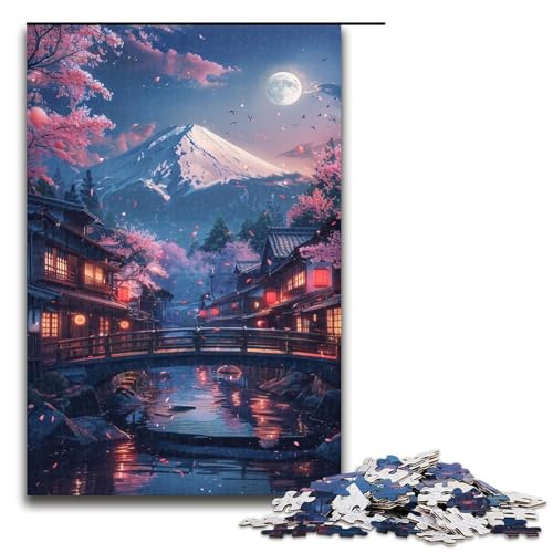 1000-teiliges Puzzle für Erwachsene, Berg Fuji und Kirschblüten-Puzzle, Holzpuzzle, Lernspielzeug, Familienspiele (Größe 50 x 75 cm) von LLONGKT