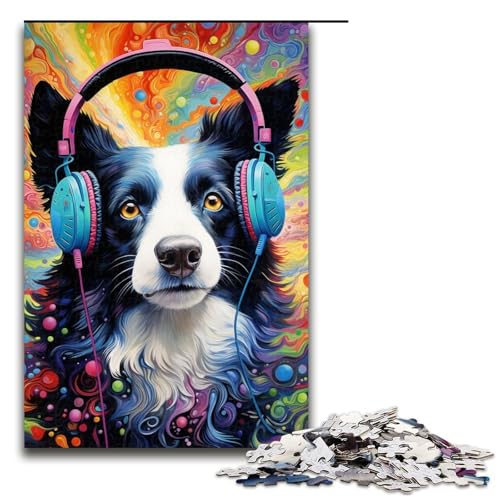 1000-teiliges Puzzle für Erwachsene, Border-Collie-Kopfhörer, Puzzle für Erwachsene, Holzpuzzle, interessanter Stressabbau, Größe 50 x 75 cm von LLONGKT