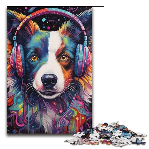1000-teiliges Puzzle für Erwachsene, Border-Collie-Kopfhörer-Puzzle, einzigartige Heimdekoration und Geschenke für Teenager ab 14 Jahren, Größe 38 x 26 cm von LLONGKT