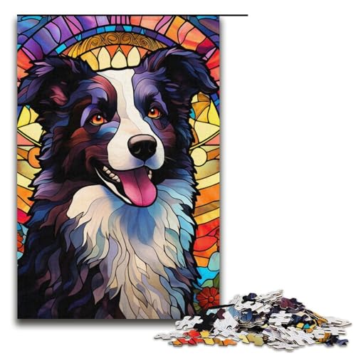 1000-teiliges Puzzle für Erwachsene, Buntglas-Puzzle, Border Collie, Quizspiel, Stressabbau, schwierige Herausforderung, Größe 38 x 26 cm von LLONGKT