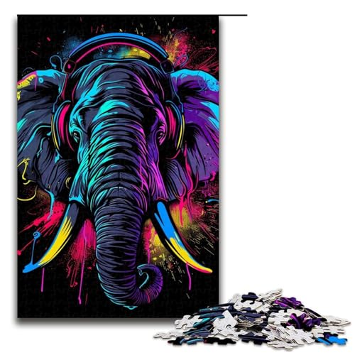 1000-teiliges Puzzle für Erwachsene, Elefant mit Kopfhörern, Denkspiel, einzigartiges Geburtstagsspiel (Größe 50 x 75 cm) von LLONGKT