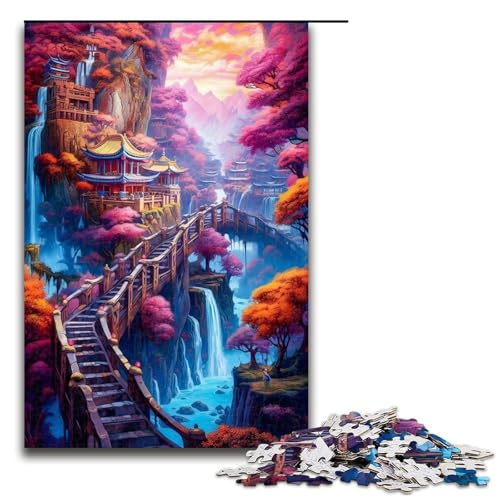1000-teiliges Puzzle für Erwachsene, Fantasy Village Cliff Jigsaw, Familienunterhaltungsspielzeug, Stressabbau, schwierige Herausforderung (Größe 50 x 75 cm) von LLONGKT