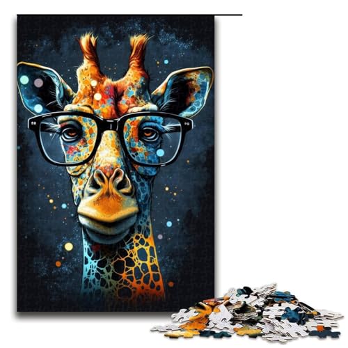 1000-teiliges Puzzle für Erwachsene, Giraffe mit Brille, Puzzle aus Holz, Lernspielzeug, Größe 50 x 75 cm von LLONGKT