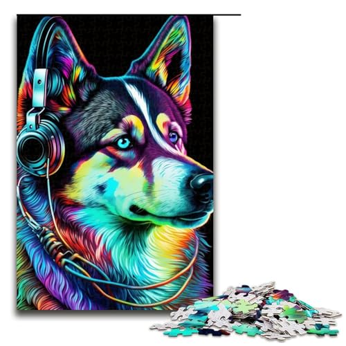 1000-teiliges Puzzle für Erwachsene, Husky-Kopfhörer, Familienaktivitäts-Puzzle mit vollständig ineinander greifenden, zufällig geformten Teilen, Größe 50 x 75 cm von LLONGKT