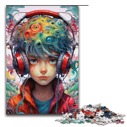 1000-teiliges Puzzle für Erwachsene, Kopfhörer, Anime-Junge, Heimdekorationspuzzle mit passendem Poster und Quizblatt, Größe 38 x 26 cm von LLONGKT