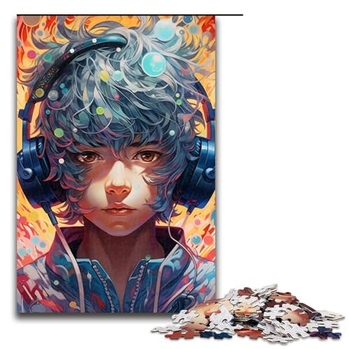 1000-teiliges Puzzle für Erwachsene, Kopfhörer, Anime-Junge, Puzzle für Erwachsene, Holzpuzzle, Lernspiele, Größe 50 x 75 cm von LLONGKT