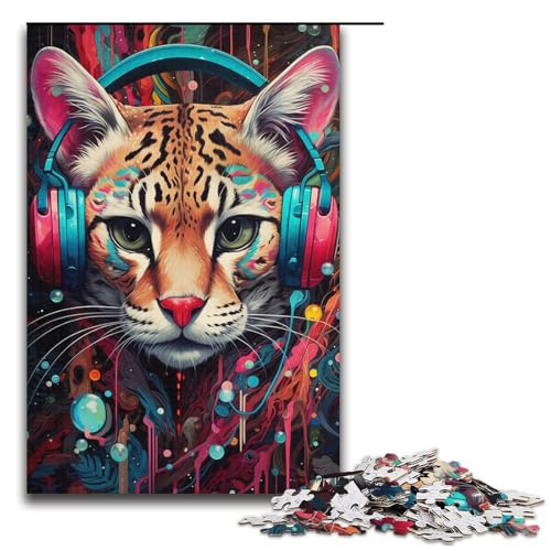 1000-teiliges Puzzle für Erwachsene, Kopfhörer, Ozelot, Puzzle für Erwachsene, Papppuzzle, schwierig und herausfordernd, Größe 38 x 26 cm von LLONGKT