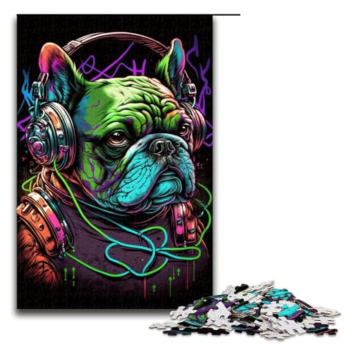 1000-teiliges Puzzle für Erwachsene, Kopfhörer-Bulldoggen-Puzzle für Erwachsene, Holzpuzzle, anspruchsvolles Spiel, Größe 50 x 75 cm von LLONGKT