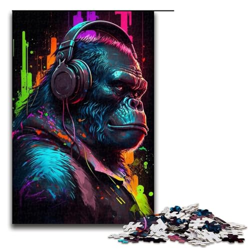 1000-teiliges Puzzle für Erwachsene, Kopfhörer-Gorilla-Puzzle, Holzpuzzle, Lernspielzeug, Familienspiele, Größe 50 x 75 cm von LLONGKT