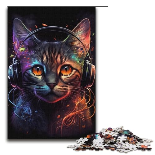 1000-teiliges Puzzle für Erwachsene, Kopfhörer-Katze, anspruchsvolles, schwieriges Puzzle, einzigartige Heimdekoration und Geschenke, Größe 38 x 26 cm von LLONGKT