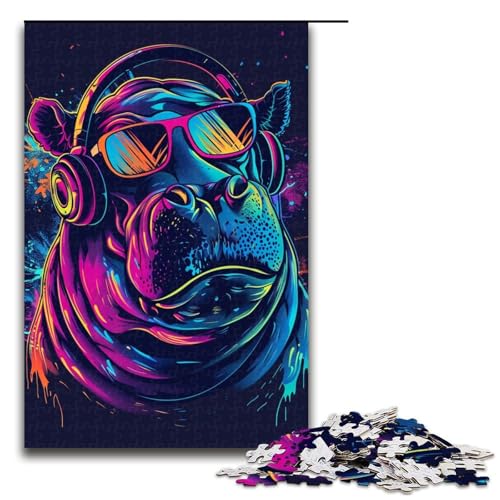 1000-teiliges Puzzle für Erwachsene, Nilpferd mit Kopfhörern, Denkspiel, einzigartiges Geburtstagsspiel (Größe 50 x 75 cm) von LLONGKT