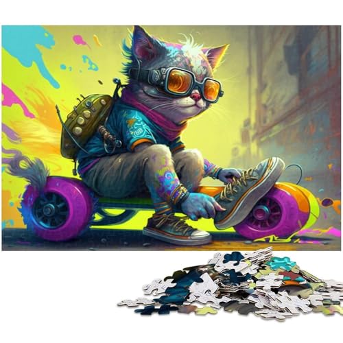 1000-teiliges Puzzle für Erwachsene, Skateboard-Katzen-Puzzle – anspruchsvolles Spiel, EIN Kunstwerk für Teenager ab 14 Jahren, Größe 38 x 26 cm von LLONGKT