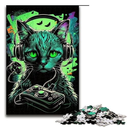1000-teiliges Puzzle für Erwachsene, grünes Katzen-Puzzle, Holzpuzzle, Lernspielzeug, Familienspiele, Größe 50 x 75 cm von LLONGKT