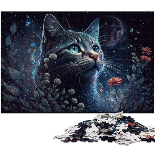 1000-teiliges Puzzle für Erwachsene, kosmische Katze und Blume, Puzzle für Erwachsene, Holzpuzzle, Lernspiel, Größe 50 x 75 cm von LLONGKT