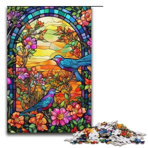 1000-teiliges Puzzle für Erwachsene mit Buntglasvögeln zum Lernen, pädagogisches Puzzle, tolles Geschenk für Spiele, Größe 38 x 26 cm von LLONGKT