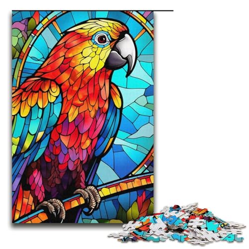 1000-teiliges Puzzle mit Buntglas-Papagei für Erwachsene, Papppuzzle, Geschenk für Teenager, Größe 38 x 26 cm von LLONGKT