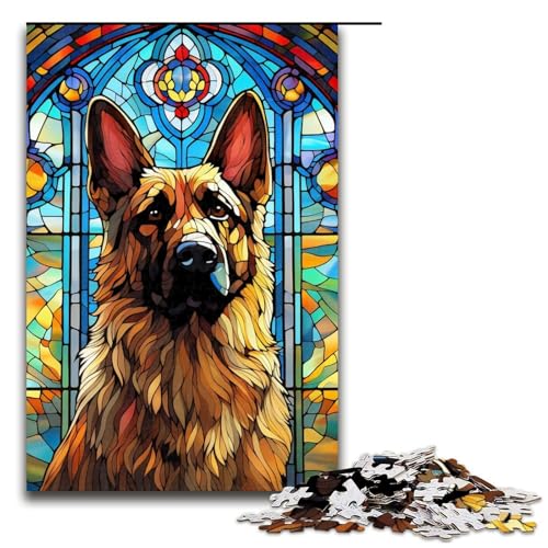 1000-teiliges Puzzle mit Buntglas-Schäferhund, Puzzle für Teenager, Holzpuzzle, Lernspiel für Erwachsene, Größe 50 x 75 cm von LLONGKT