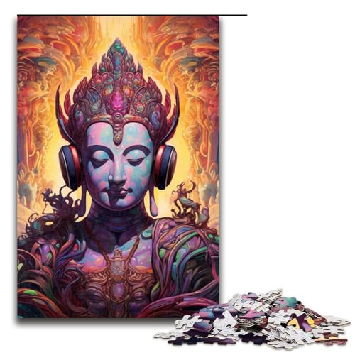 1000-teiliges Puzzle mit Kopfhörer-Buddha-Statue für Erwachsene, Lernpuzzle zum Stressabbau, geeignet für Jugendliche ab 14 Jahren, Größe 50 x 75 cm von LLONGKT
