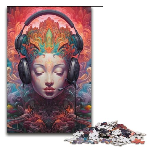 1000-teiliges Puzzle mit Kopfhörer-Buddha-Statue für Erwachsene, Puzzle für Lernspiele, Herausforderung, Spielzeug, Kunstwerk, Geschenk, Größe 38 x 26 cm von LLONGKT