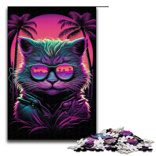 1000-teiliges Puzzle mit Neonkatzenmotiv, für Holzpuzzles, pädagogisches Spielzeug zum Stressabbau, Größe 50 x 75 cm von LLONGKT