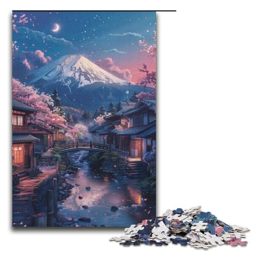 1000-teiliges Puzzle mit dem Berg Fuji und Kirschblüten für Erwachsene, Denksportaufgabe, Künstlersammlung, Bildende Kunst (Größe 38 x 26 cm) von LLONGKT