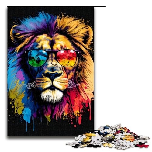 1000-teiliges Spiel „Bunter Löwe mit Brille“, Puzzle aus Holz, tolles Geschenk für Erwachsene (Größe 50 x 75 cm) von LLONGKT