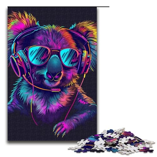 1000-teiliges Spiel „Koala mit Kopfhörern und Sonnenbrille“, Puzzle aus Holz, tolles Geschenk für Erwachsene (Größe 50 x 75 cm) von LLONGKT