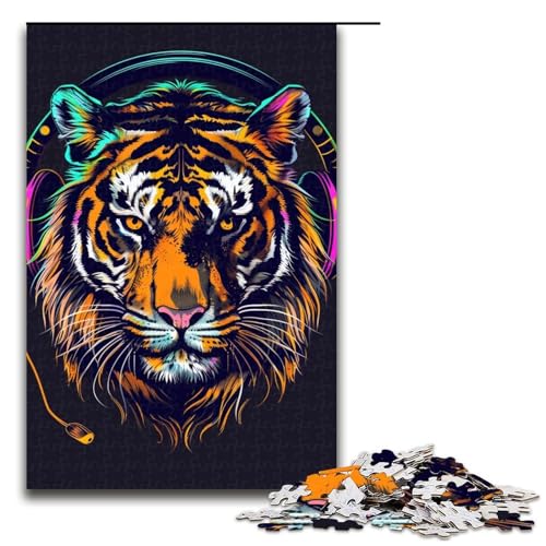 1000-teiliges Tiger-mit-Kopfhörer-Puzzle für Erwachsene, schwieriges Puzzle, jedes Teil ist einzigartig – herausforderndes Familienspiel (Größe 50 x 75 cm) von LLONGKT