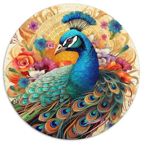 Buntes Kunst-Pfauen-Papier-Puzzle, rund, 1000 Teile, anspruchsvolles DIY-Denkspiel, perfektes Familienspiel oder dekoratives Geschenk (67,5 x 67,5 cm) von LLONGKT