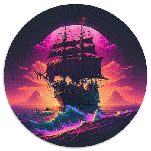 Buntes rundes Piratenschiff-Puzzle aus Pappe, 1000 Teile, für Erwachsene, anspruchsvolles DIY-Denkspiel für Teenager (Größe 67,5 x 67,5 cm) von LLONGKT