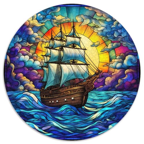 Buntglasboot-Puzzle aus Pappe, rund, 1000 Teile, Puzzle für Erwachsene, Denkspiel für Teenager und Familieninteraktion (67,5 x 67,5 cm) von LLONGKT