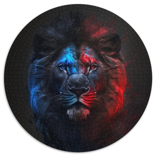 Löwin in Rot und Blau, rundes Puzzle mit 1000 Teilen für Erwachsene, Denkspiel für Teenager, (Größe 67,5 x 67,5 cm) von LLONGKT
