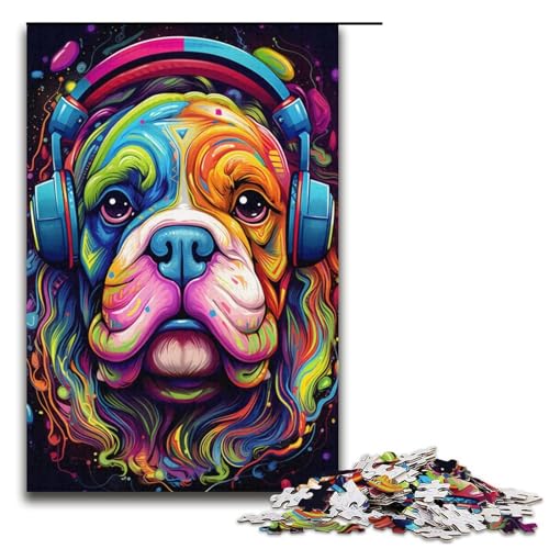 Puzzle 1000 Teile, Kopfhörer-Bulldogge, Puzzle für Erwachsene, Papppuzzle, Denksportaufgabe für Erwachsene (Größe 38 x 26 cm) von LLONGKT
