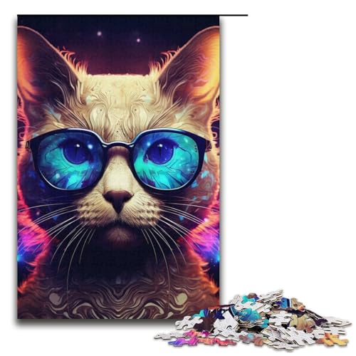 Puzzle 1000 Teile Neonbrille Katze Puzzle für Erwachsene Papppuzzle Lernspiel Herausforderung Spielzeug Größe 38x26cm von LLONGKT
