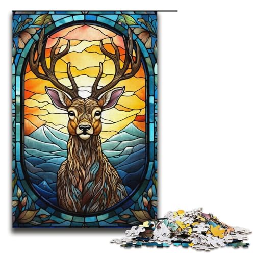 Puzzle 1000 Teile für Erwachsene, Buntglas-Hirsch-Puzzle, Papppuzzle für Erwachsene, lustiges Familienspiel, Größe 38 x 26 cm von LLONGKT