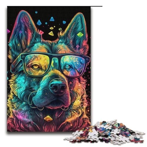 Puzzle 1000 Teile für Erwachsene, Deutscher Schäferhund mit Brille, Puzzle für Erwachsene, Papppuzzle, herausfordernd zu vervollständigen, Größe 38 x 26 cm von LLONGKT