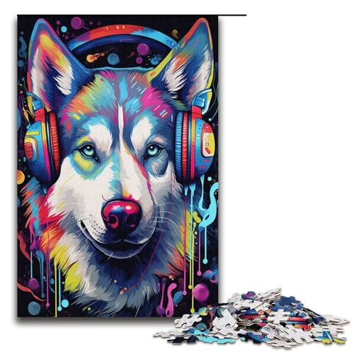 Puzzle 1000 Teile für Erwachsene, Husky-Kopfhörer, Puzzle-Wanddekoration mit vollständig ineinandergreifenden, zufällig geformten Teilen (Größe 38 x 26 cm) von LLONGKT