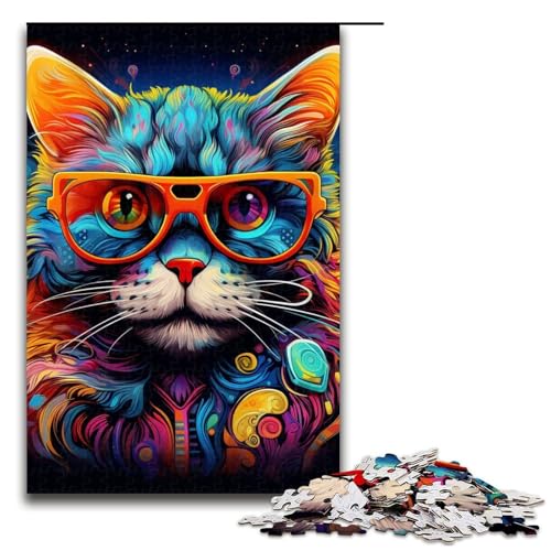 Puzzle 1000 Teile für Erwachsene, Neonbrille, Katze, Dekomprimieren, intellektuelles Lernspielzeug, Heimkunstdekor, Größe 50 x 75 cm von LLONGKT