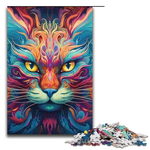 Puzzle 1000 Teile für Erwachsene, Psychedelic Cat Art Puzzle, Lernspiele, Lernspiel für Geburtstag, Weihnachten, Größe 38 x 26 cm von LLONGKT