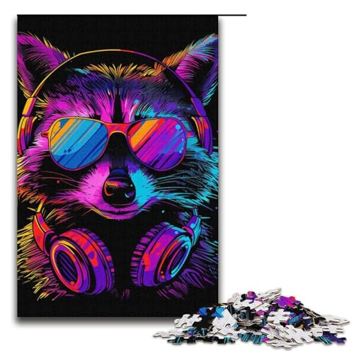 Puzzle 1000 Teile für Erwachsene, Waschbär mit Kopfhörern, Lernspiele, Geschenkideen für Teenager ab 14 Jahren (Größe 38 x 26 cm) von LLONGKT