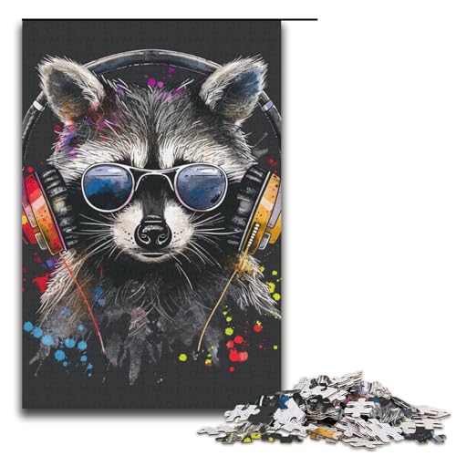 Puzzle 1000 Teile für Erwachsene, Waschbär mit Kopfhörern, Lernspiele, Geschenkideen für Teenager ab 14 Jahren (Größe 38 x 26 cm) von LLONGKT