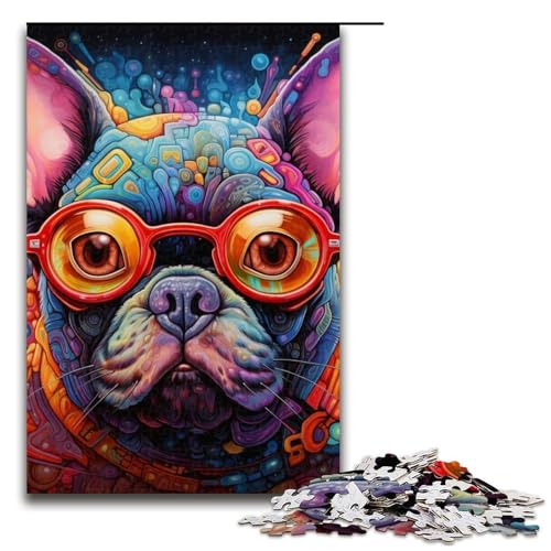 Puzzle 1000 Teile für Erwachsene, farbiges Französische Bulldoggen-Puzzle für Erwachsene, Holzpuzzle, Lernspiel, Größe 50 x 75 cm von LLONGKT