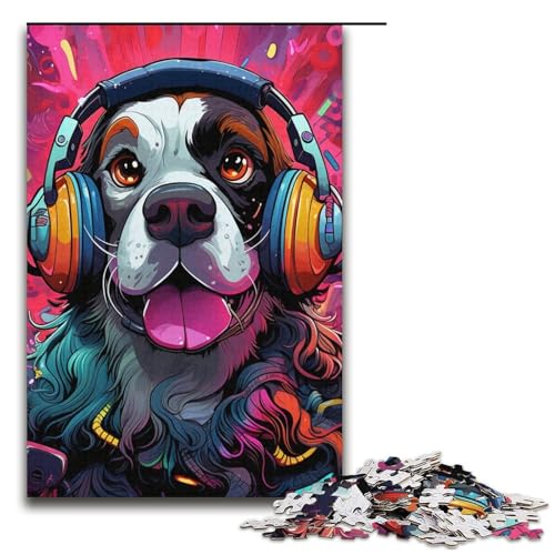 Puzzle 1000 Teile für Erwachsene Hund mit Kopfhörer Puzzle für Erwachsene Kartonpuzzle Lernspiel Größe 38x26cm von LLONGKT