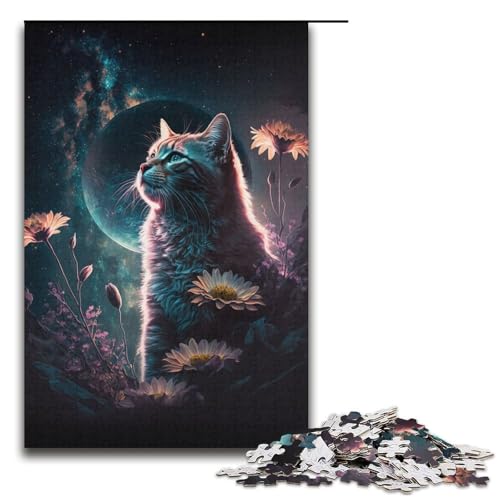 Puzzle Katze und Blume Neon 1000 Teile für Erwachsene Lernspiele Weihnachtsgeburtstagsgeschenke für Teenager ab 14 Jahren Größe 38 x 26 cm von LLONGKT